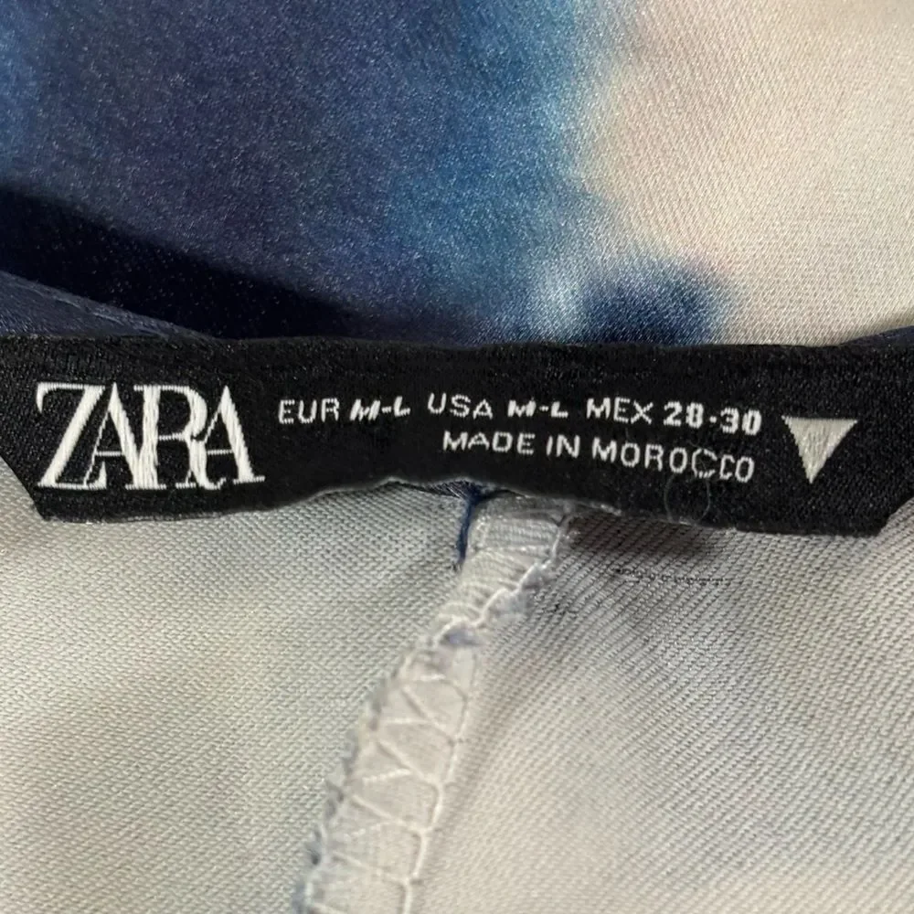Zara Blue White Strappy V Neck Tie-Dye Satin Effect Boho Beachy Midi Dress M/L